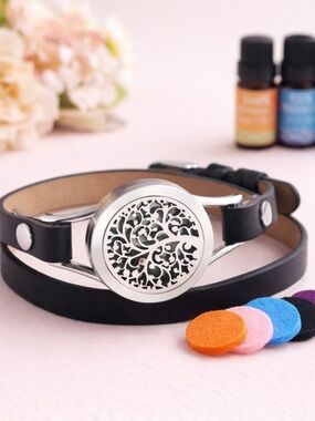 Aromatherapy Essential Oil Diffuser Bracelet Tree of Life Black Leather Wrap